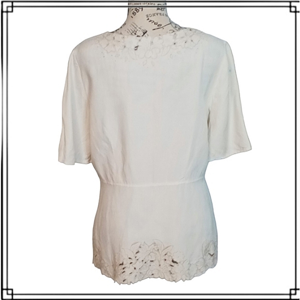 J. Jill Silk/Linen Cream Laser Cut Embroidered Floral Blouse Size Sm - Picture 7 of 10